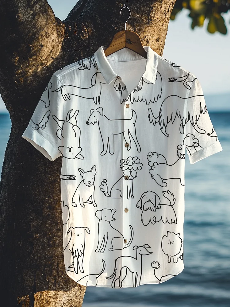 Men's Line Drawing Dog Art Print Short Sleeve Shirt