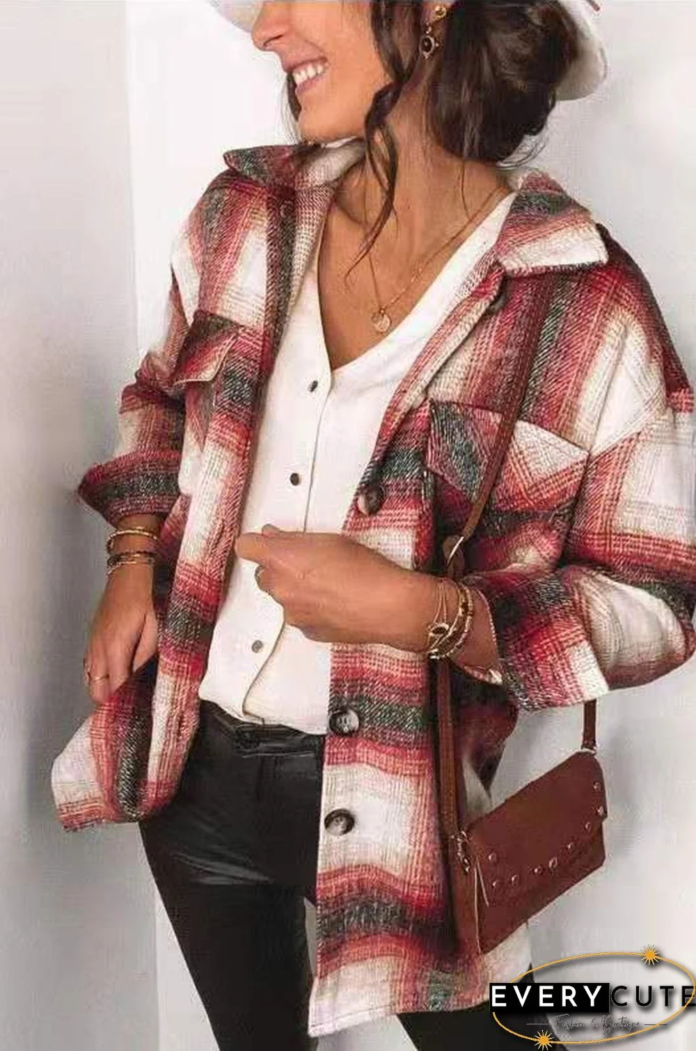 Oversize Women'S Plaid Shirt Jackets Long Sleeve Ladies Tops Outwear Spring Autumn Loose Women Blends Check Buttons Coats