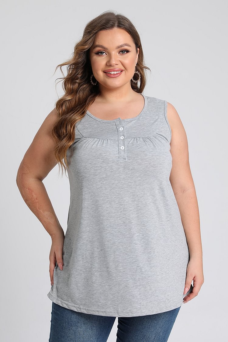 Plus Size Casual Button Up Solid Round Neck Tank Top  flycurvy [product_label]
