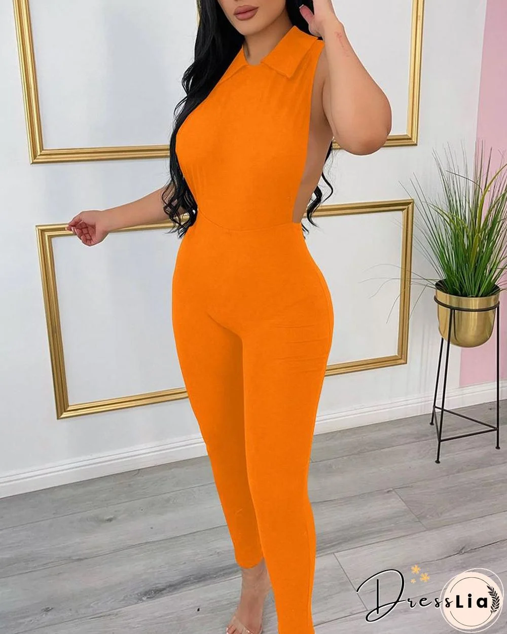 Solid Color Sleeveless Backless Skinny Jumpsuit