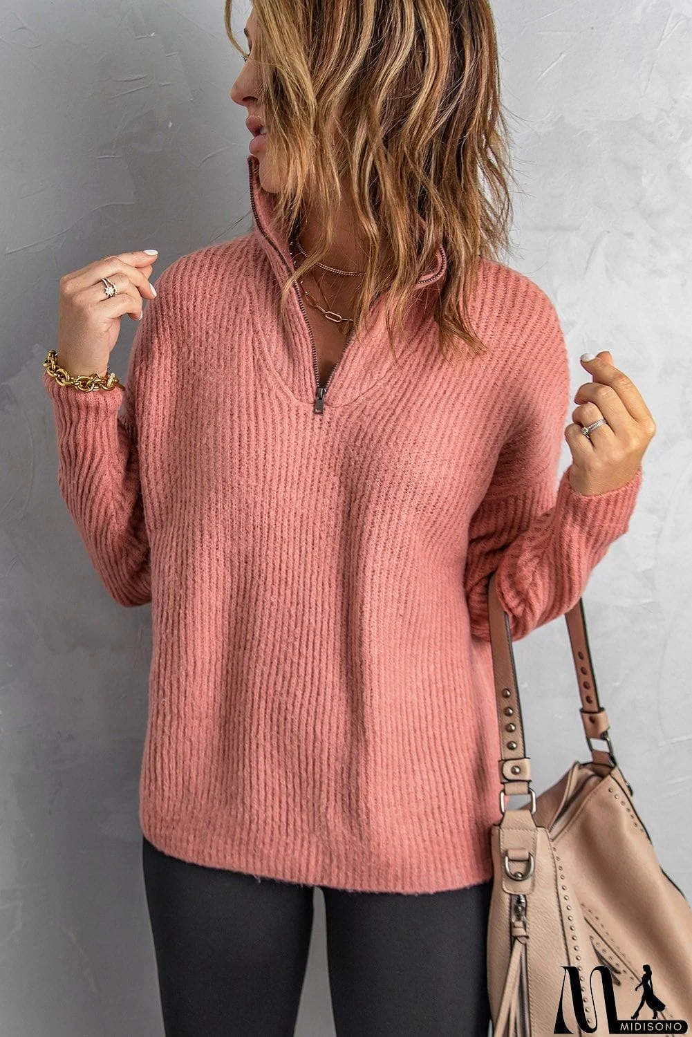 MidiSono - Pink Zip Neck Knitted Sweater