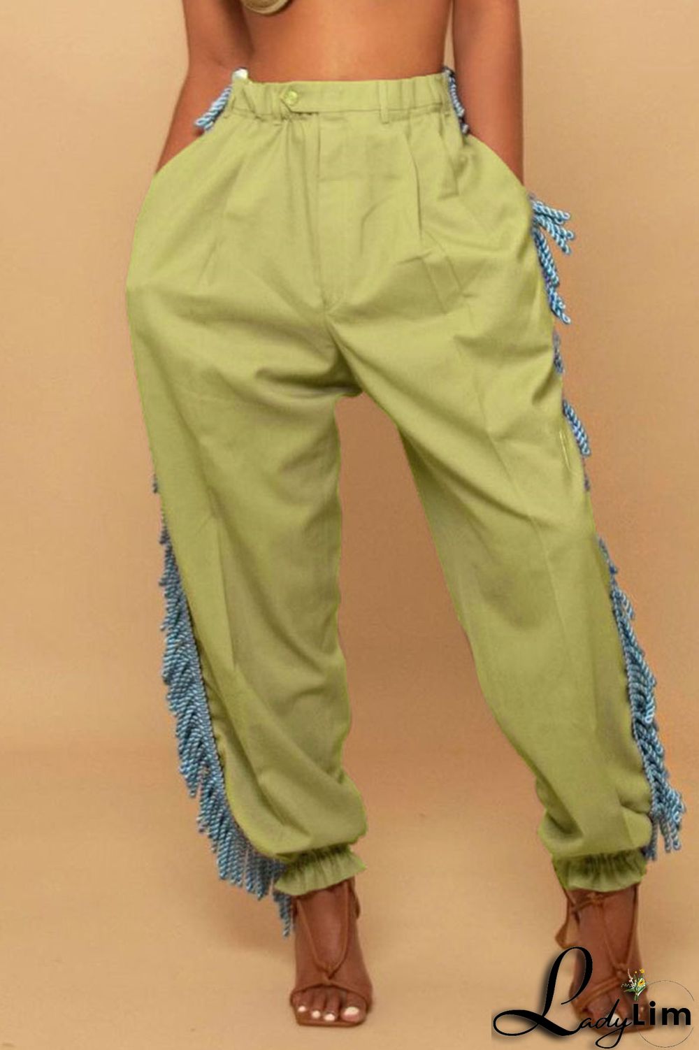 Green Casual Solid Tassel Patchwork Loose High Waist Pencil Solid Color Bottoms