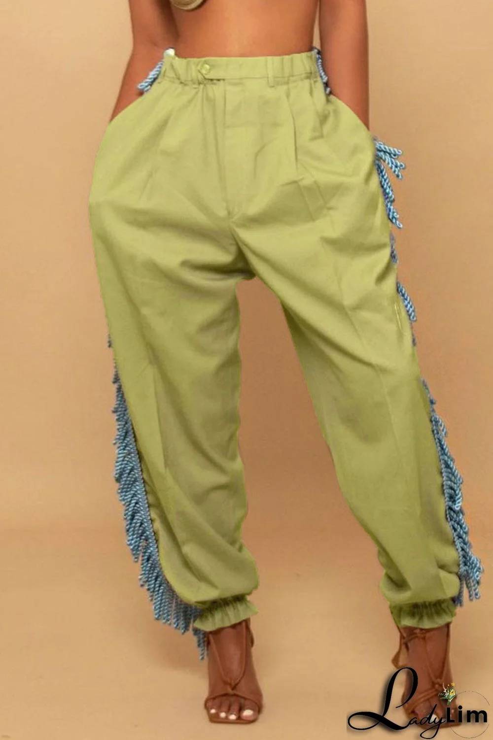 Green Casual Solid Tassel Patchwork Loose High Waist Pencil Solid Color Bottoms