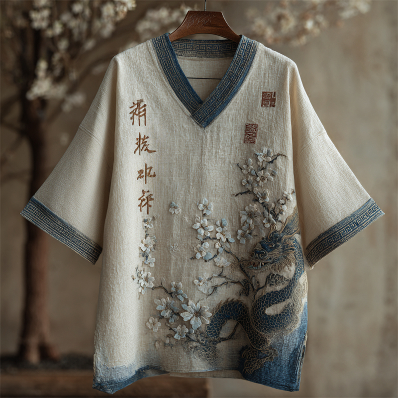 Japanese Dragon & Almond Blossom Dyed Linen Shirt elevenforest
