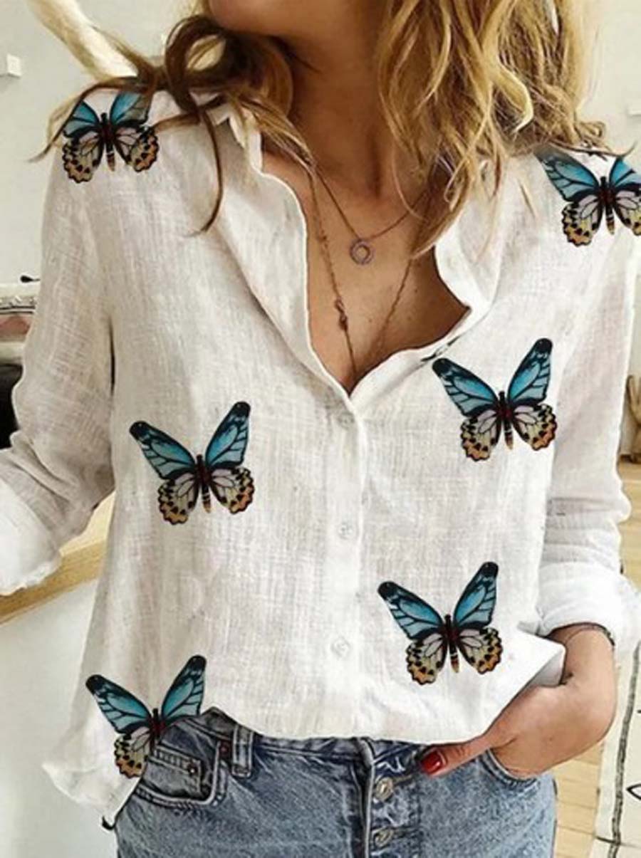 Butterfly Print Cotton Linen Women'S Blouses Autumn Long Sleeve Blouse Shirts Ladies Fashion Sexy V-Neck Plus Size Top