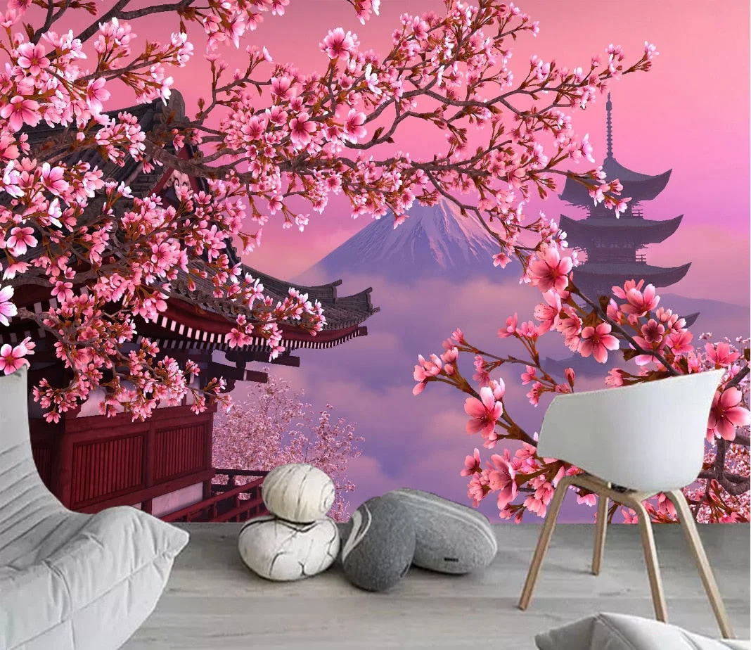 Japanese Cherry Blossoms Mount Fuji Landscape Wall Hanging Tapestry Ancient Palace With Moon Nature Scendry Home Wall Blanket