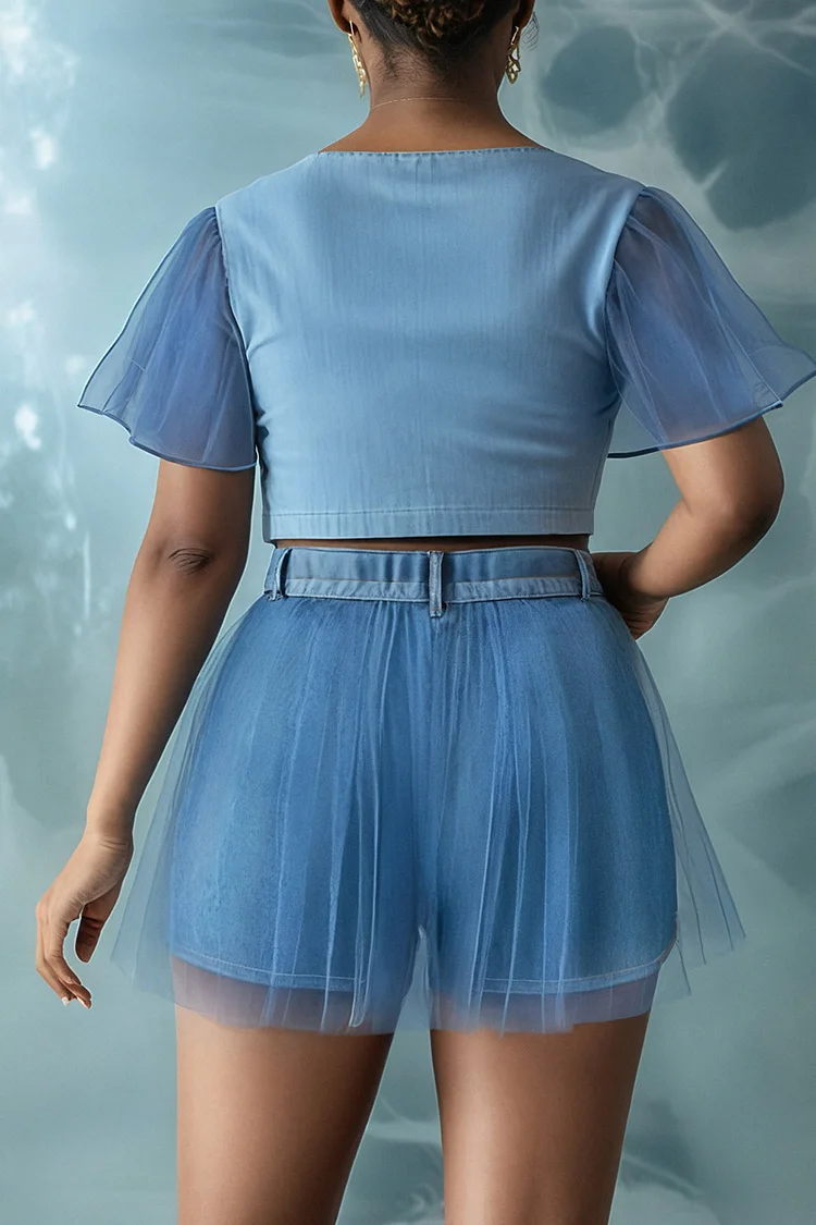 Xpluswear Design Plus Size Daily Blue Casual Round Neck Short Sleeve Contrast Tulle Tencel Denim Two Piece Short Sets [Pre-Order]