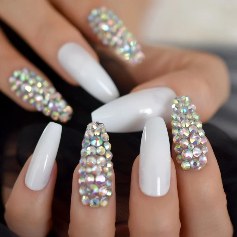 Luxury AB Stone Faux Ongles Rhinestones Decorative Extra Long Square Fake Nails Gegoues Designed Manicure Tips Nude Color-Nail Inspo