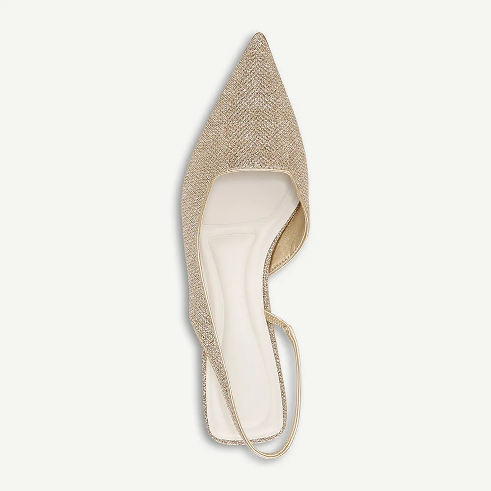 Women's Fashion Gold Fabric Pointed Toe Slingback Kitten Heels