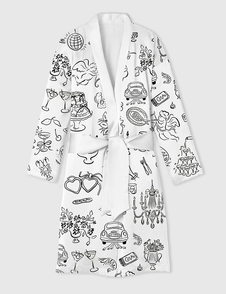 Women&rsquo;s Whimsical Wedding Doodles For Wedding Print Satin Bathrobe