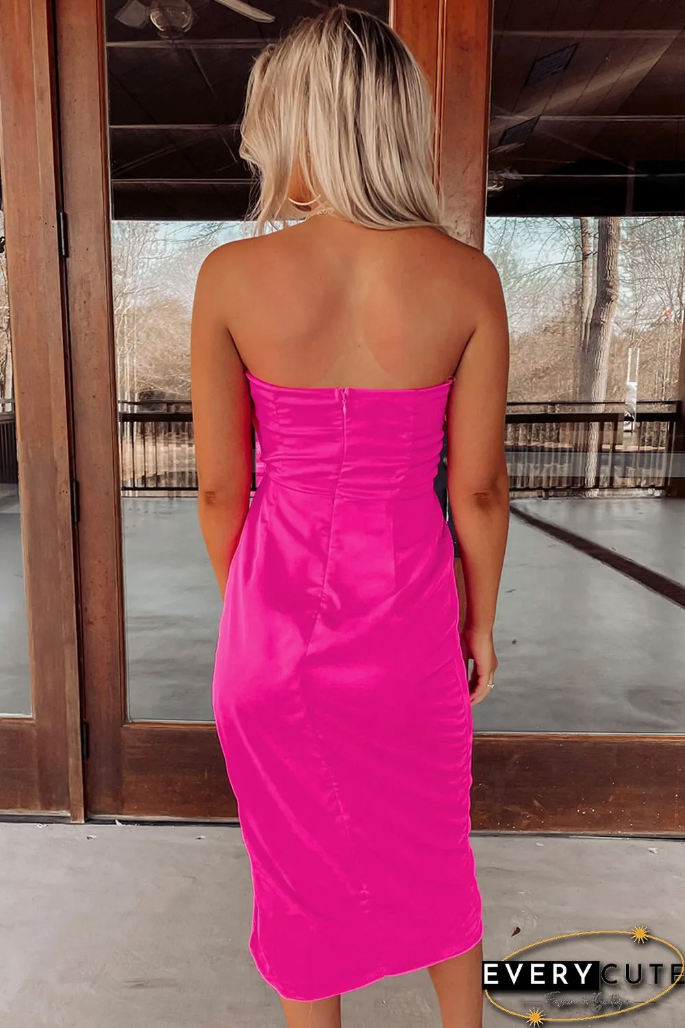Rose Strapless Ruched Wrapped Slit Midi Dress