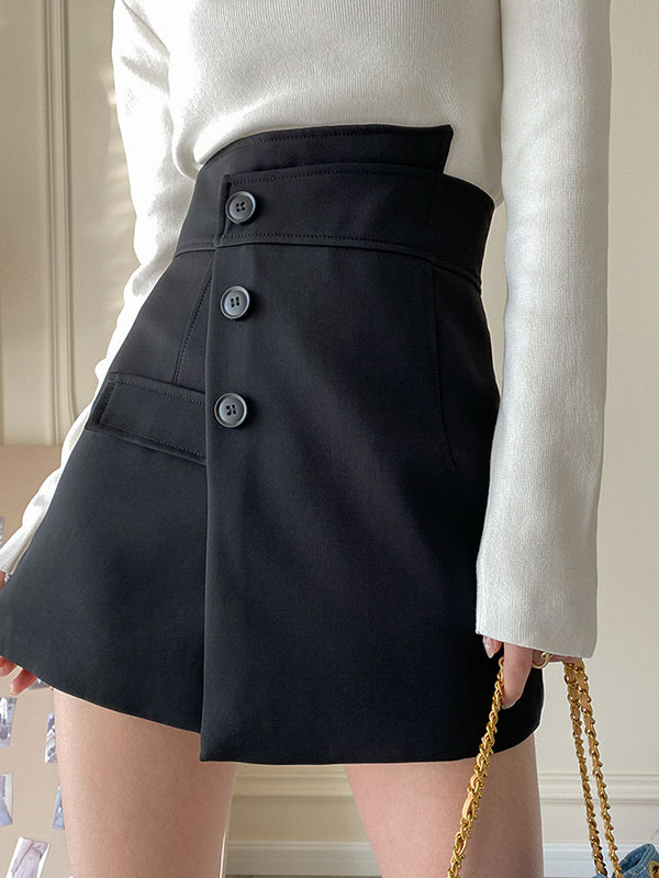 Solid Color Irregular clipping High Waisted Shorts Bottoms Culotte BLACK-S
