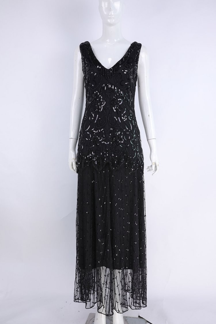 Black V-Neck Sleeveless Maxi Sequin Dress Size S
