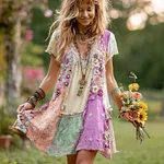Women's Retro Floral Splicing Cotton And Linen Short Dress - Image 5