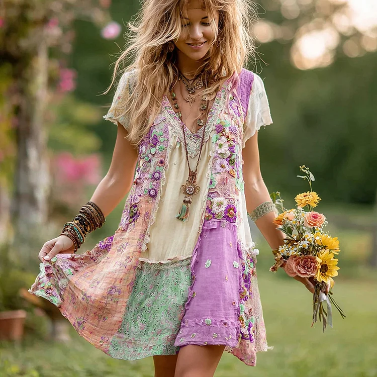 VChics Women's Retro Floral Splicing Cotton And Linen Short Dress