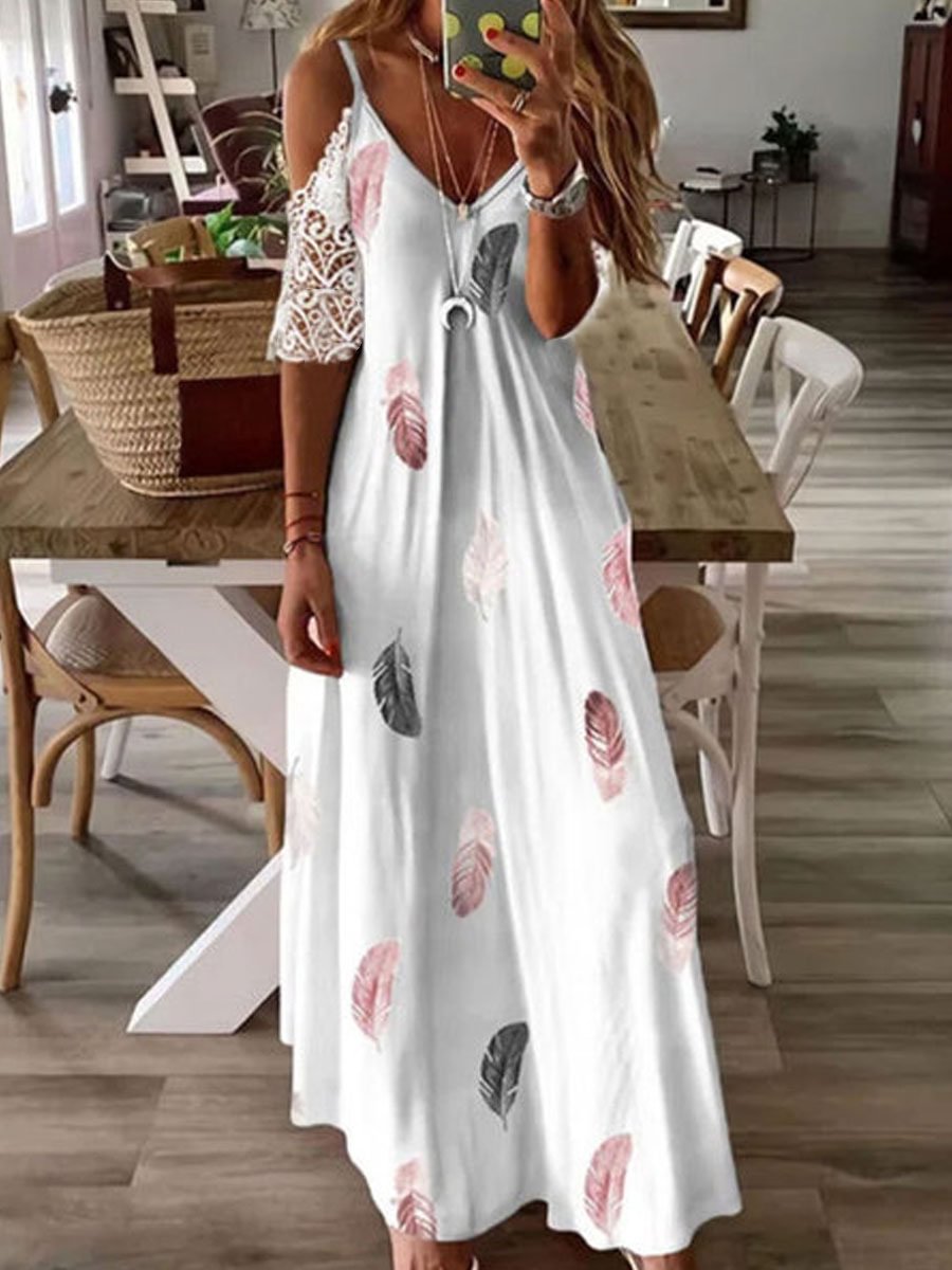 V-neck Casual Loose Feather Print Lace Panel Maxi Dress