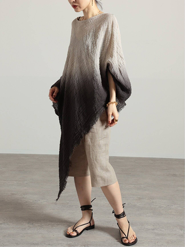 Color Matching Asymmetrical Hem Long Sleeve Cotton Linen Blouses