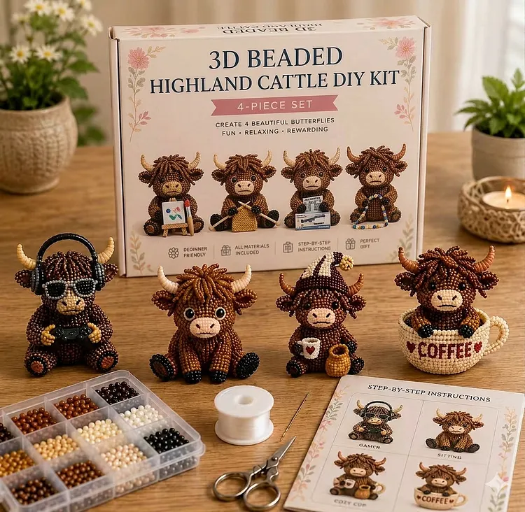 3D Highland Cow DIY Bead Kit &ndash; 8 Adorable Handmade Cow Designs Craft Set