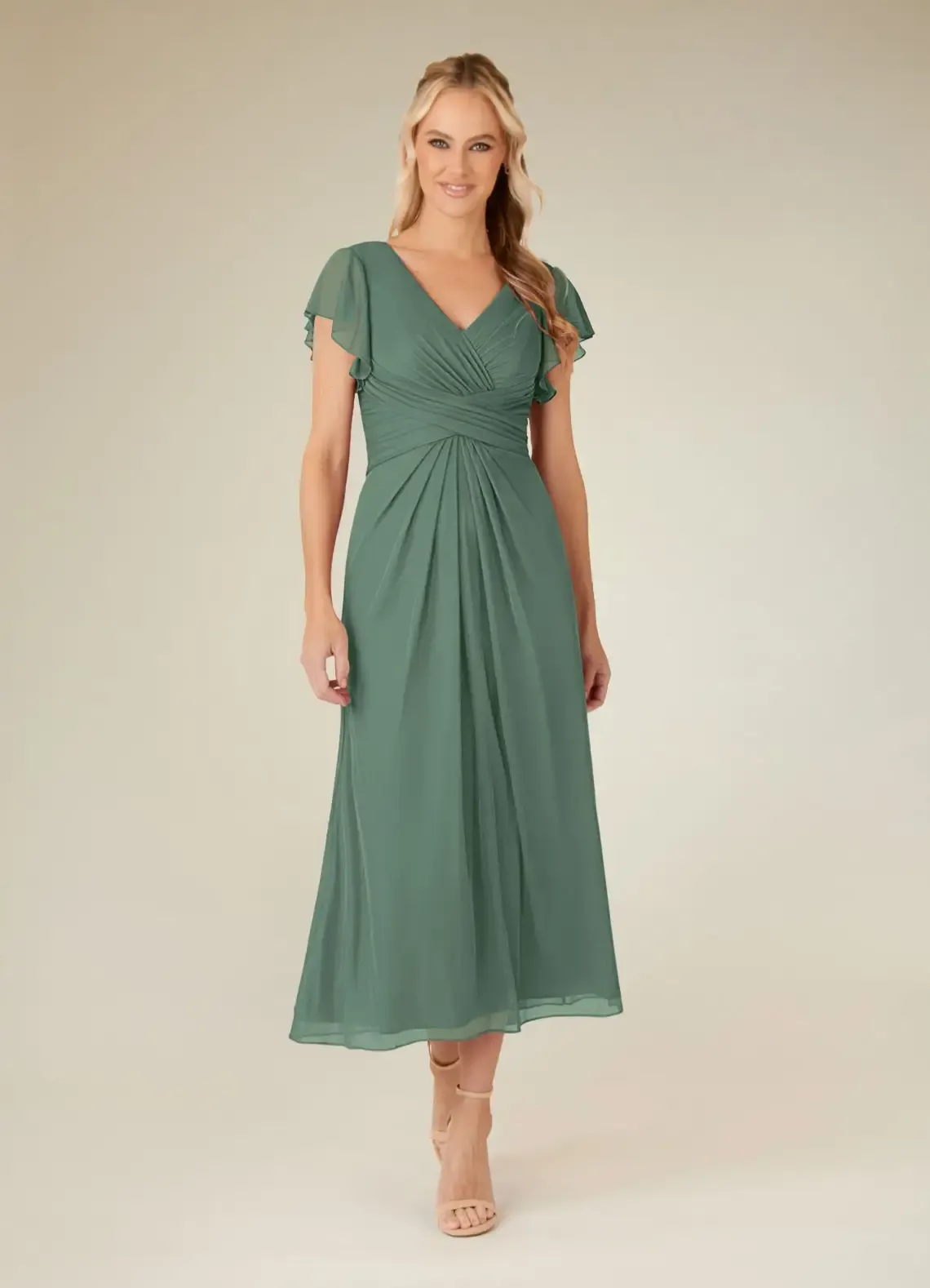 Lussooy Simple Chiffon V Neck Tea Length Short Sleeves Pleated Mother of The Bride Dress 