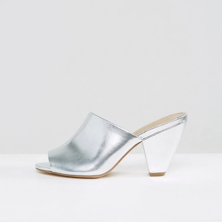 Metallic Silver Peep Toe Chunky Heel Sandals Vdcoo