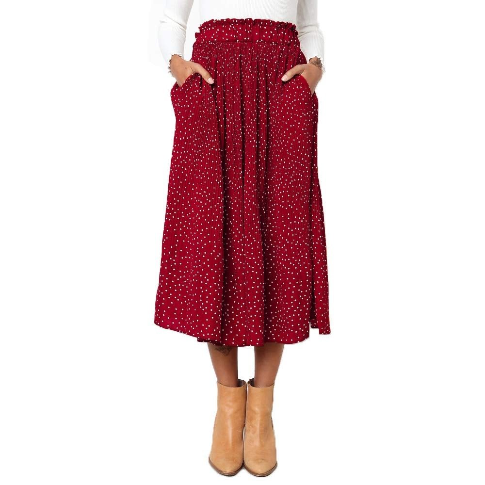 Womens High Waist Polka Dot Pleated Skirt Midi Swing Skirt with Pockets