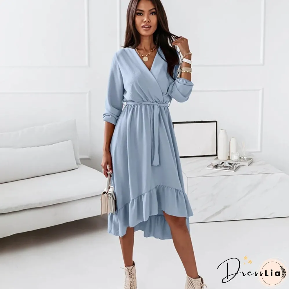 Christmas Gift Fashion V Neck Long Sleeve Green Midi Dress Women Fall Clothes Casual Elegant Office Ladies Dresses For Woman Robe Femme