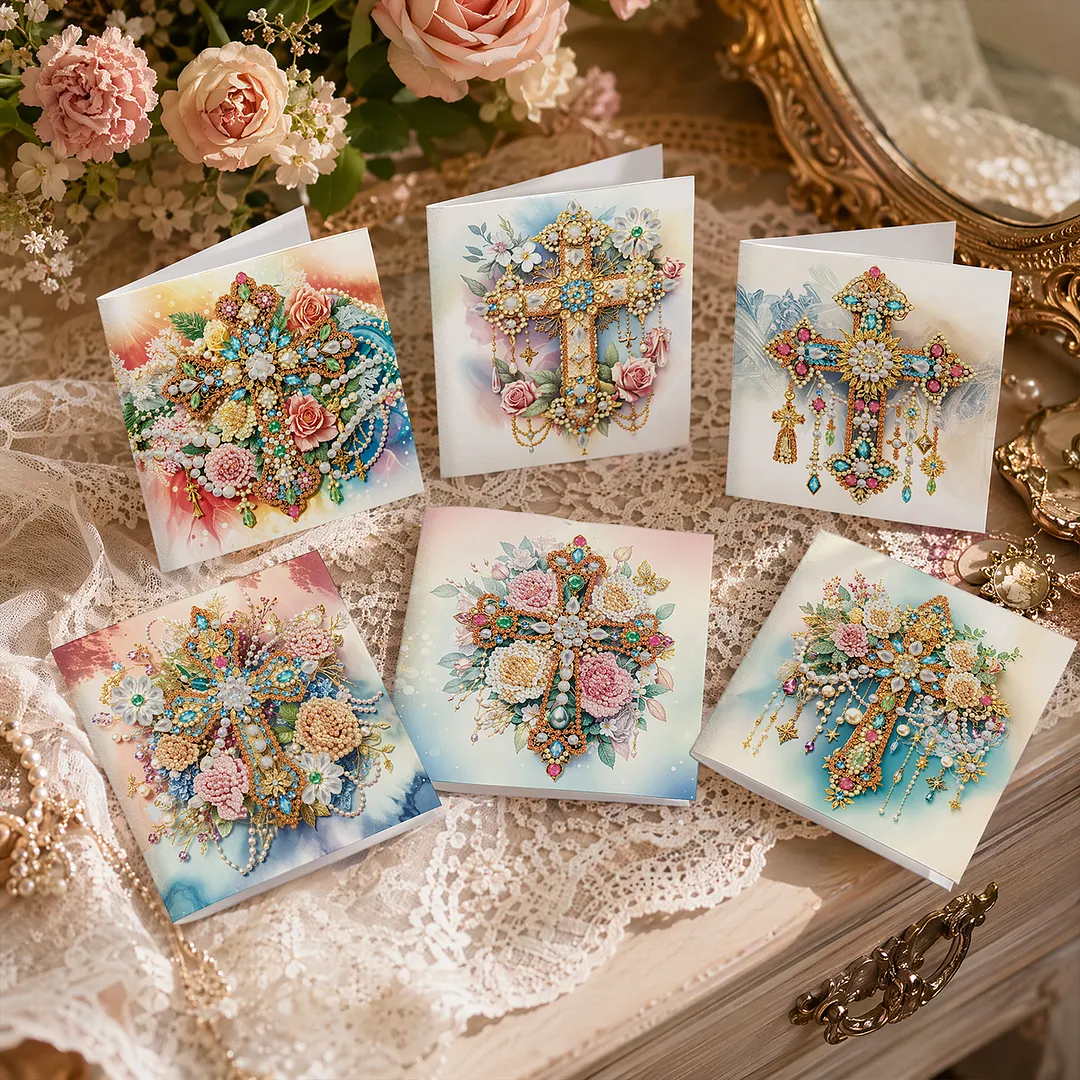 6pcs Cross DIY Diamond Painting Greeting Card Kits with Envelopes Diamond Art Greeting Cards Diamond Art Cards Kits for Adults DIY Crafts Family Friend Gifts