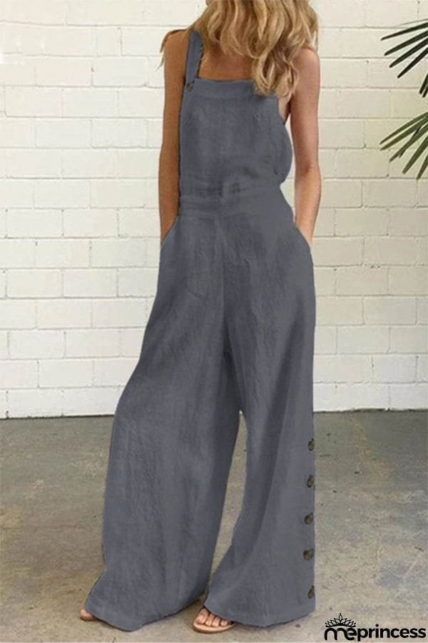 Casual Solid Buckle Square Collar Regular Jumpsuits