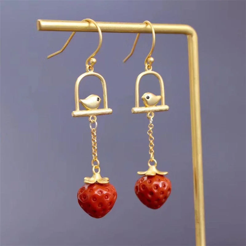 Natural Red Agate Spring Bird Tassel Strawberry Earrings