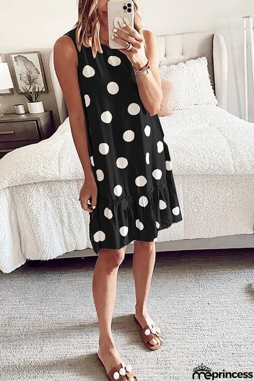 Dot Ruffles Hem Sleeveless Mini Dress