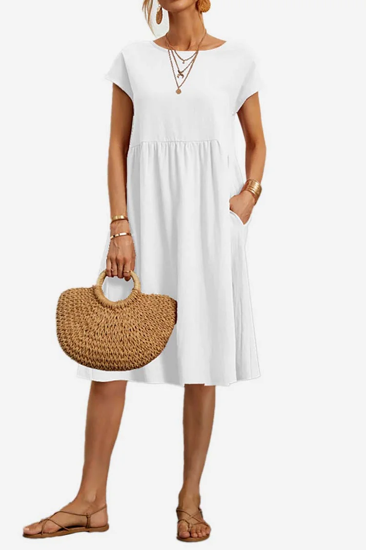 Round Neck Short Sleeve Pleated Casual A-line Linen Midi Dress