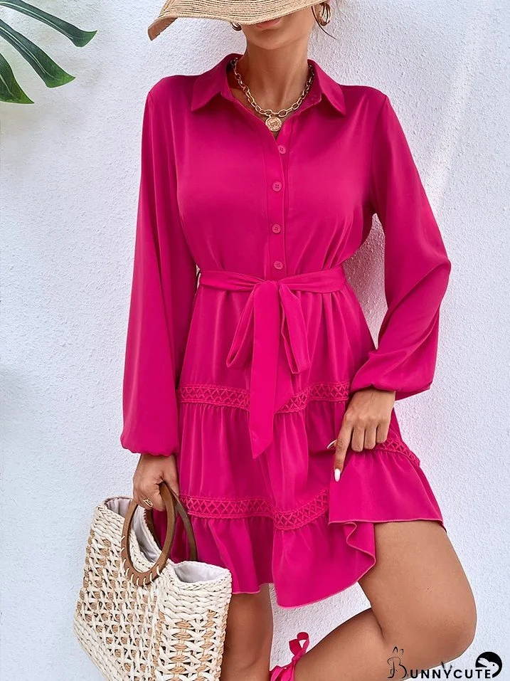 Collared Neck Tie Waist Buttoned Dress