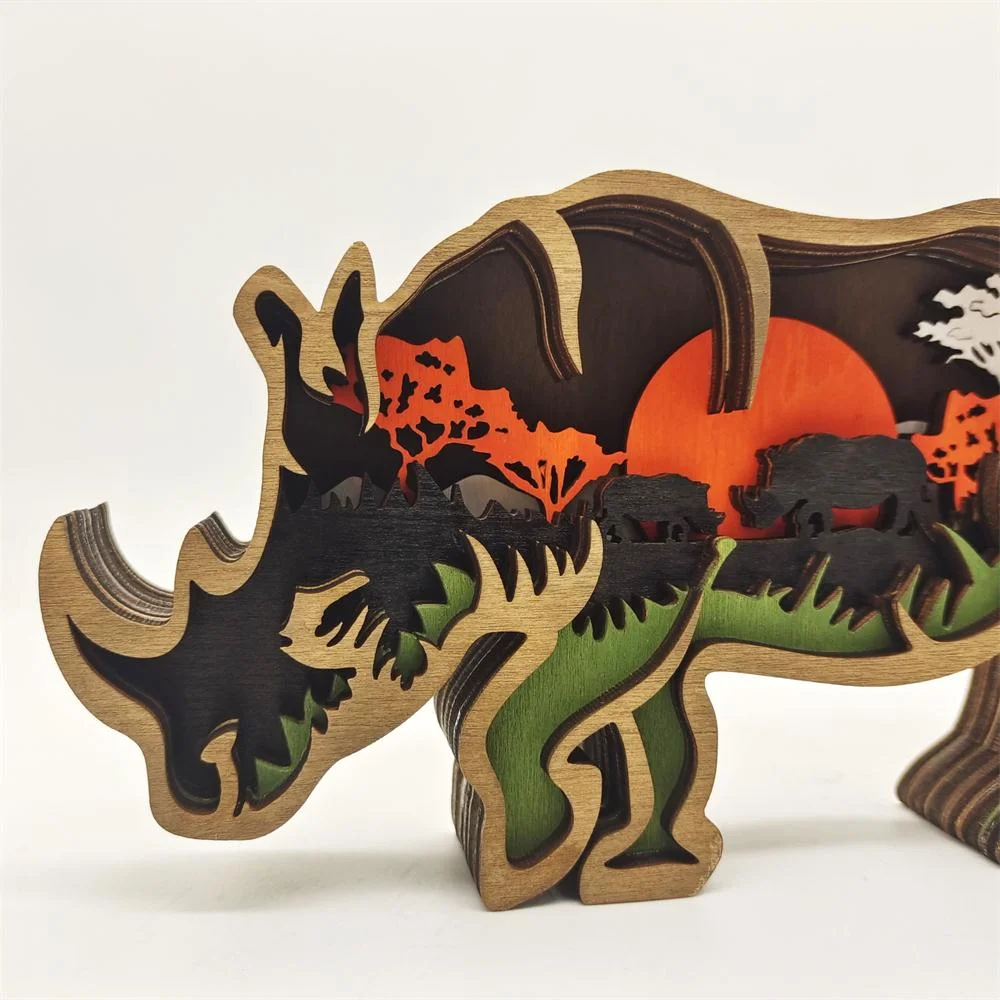 Purexcellent&trade; New creative home desktop wood carving rhinocero crafts ornaments