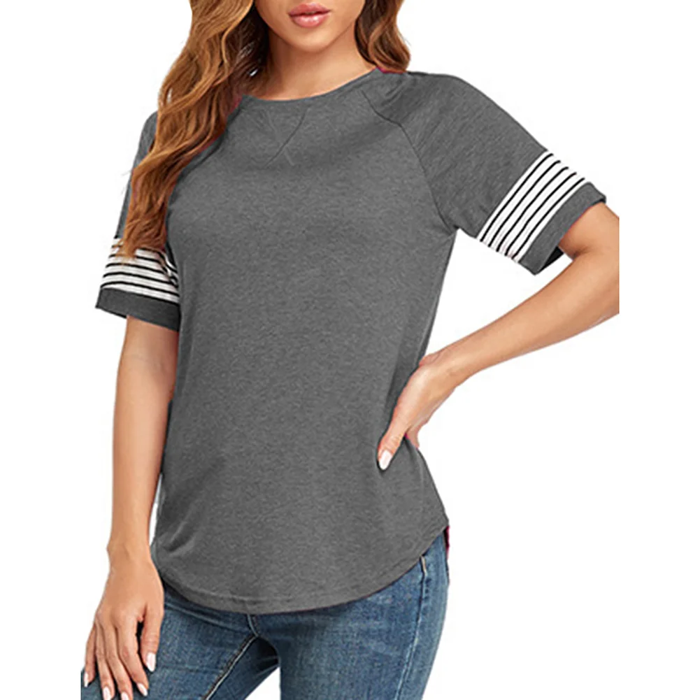 Gray Spliced Striped Short Sleeve Cotton Blend T-shirt