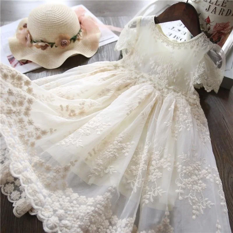 Girls Flower Lace Embroidery Dresses Kids Summer Short Sleeve Elegant Princess Costume Birthday Party Vestidos Children Clothes