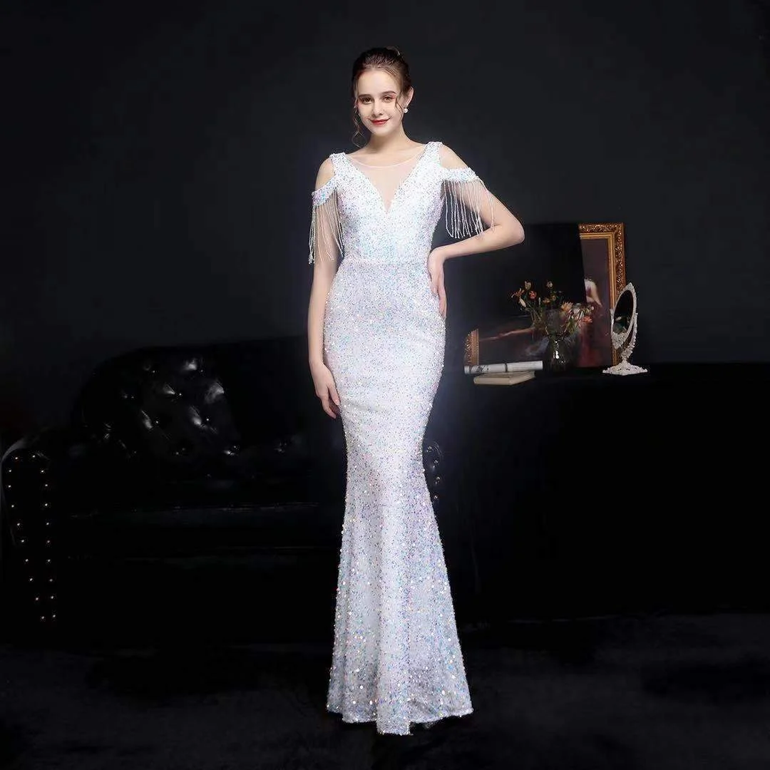 Zachics Elegant tassel sequin mermaid maxi evening dress-zachics