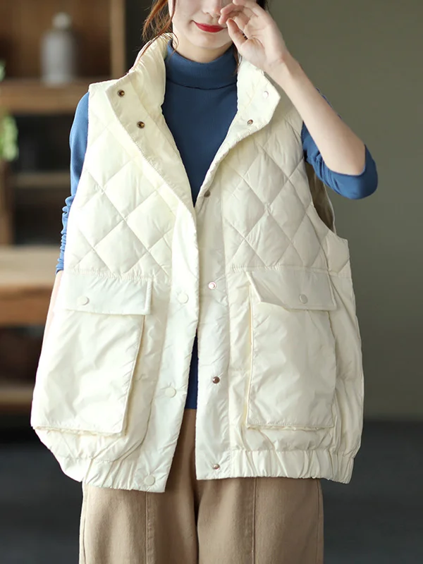 Vintage Artistic Retro Buttoned With Big Pocket High-Neck Sleeveless Down Vest