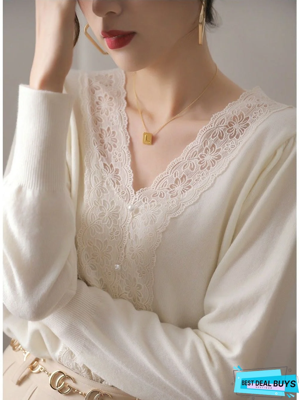 V-Neck Lace Stitching Long Sleeve Sweater