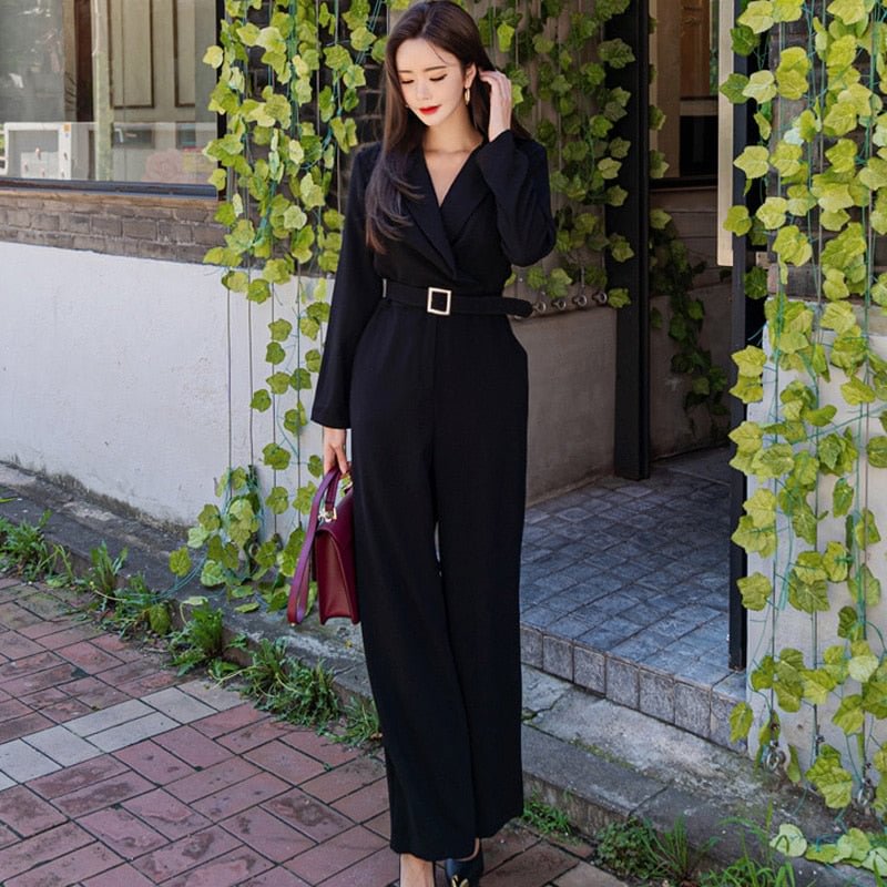 Office Lady Elegant Wide Leg Jumpsuits Women Autumn Solid Color Rompers Belted Waist Office Wear Playsuits Long Pants Overalls