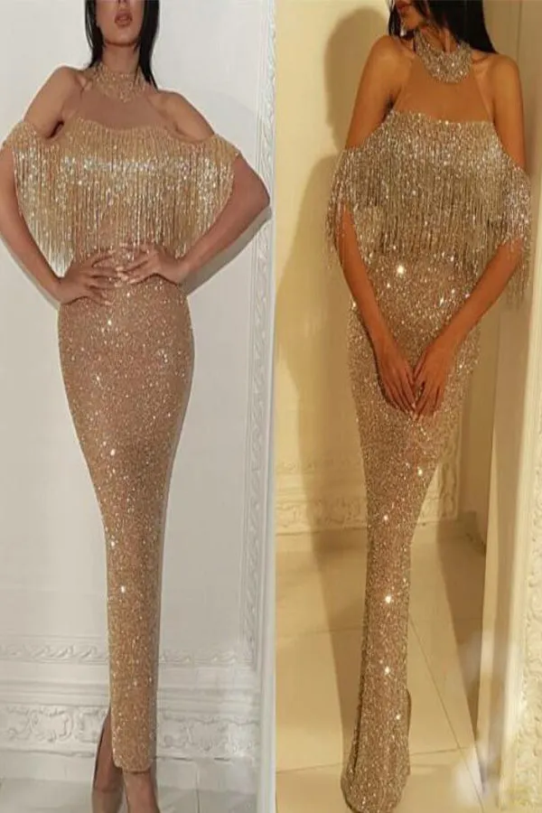 Sparkly Sequin Off-the-shoulder Tasseled Dress