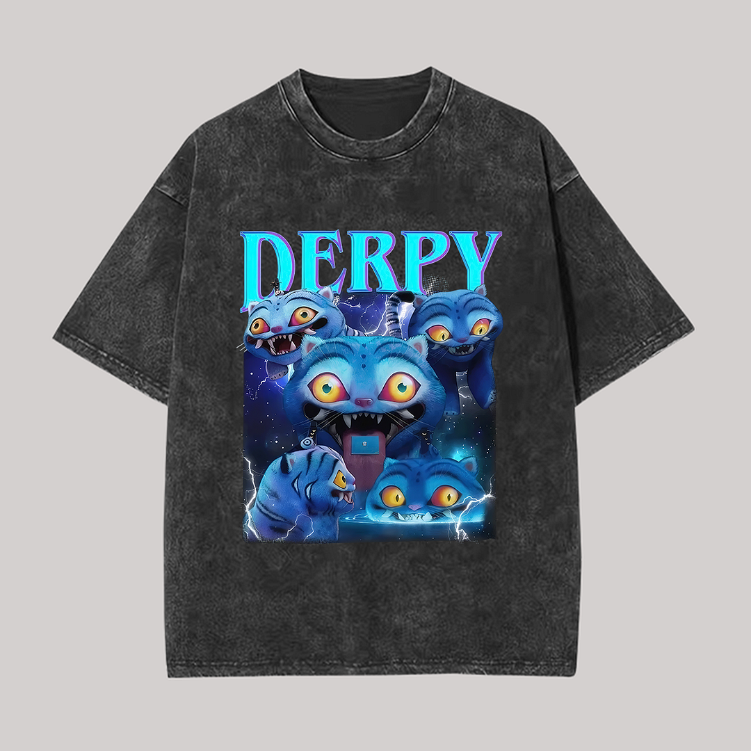Derpy Demon Tiger Cat Printed Unisex Washed T-Shirt