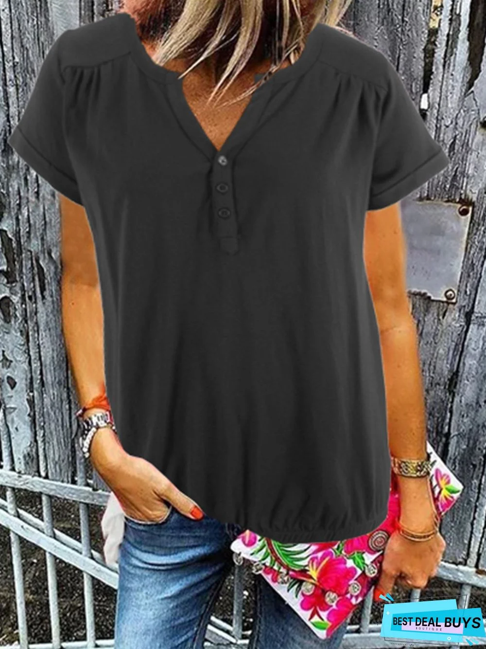 Casual Cotton-Blend Short Sleeve V Neck Tops