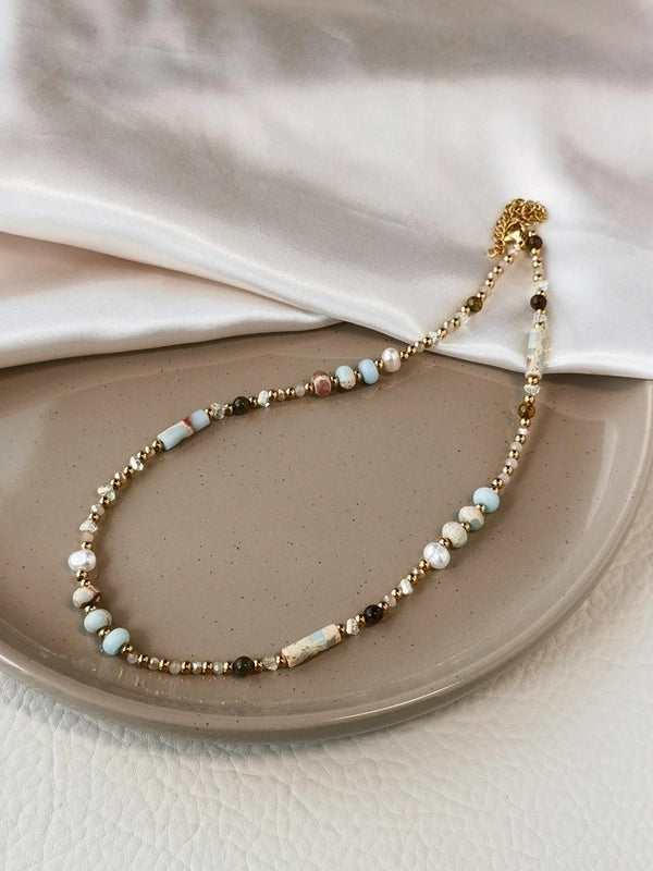 Natural Stone Freshwater Pearl Minimalist Beaded Geometric Necklace