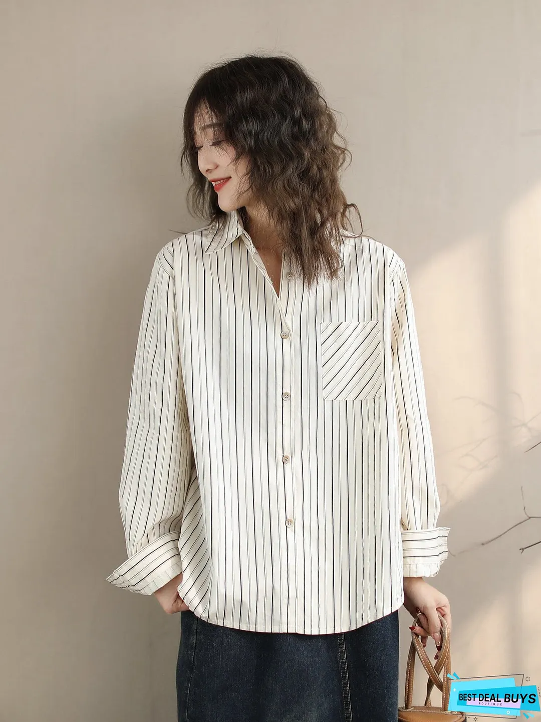 Women Spring Casual Cotton Stripe Loose Blouse