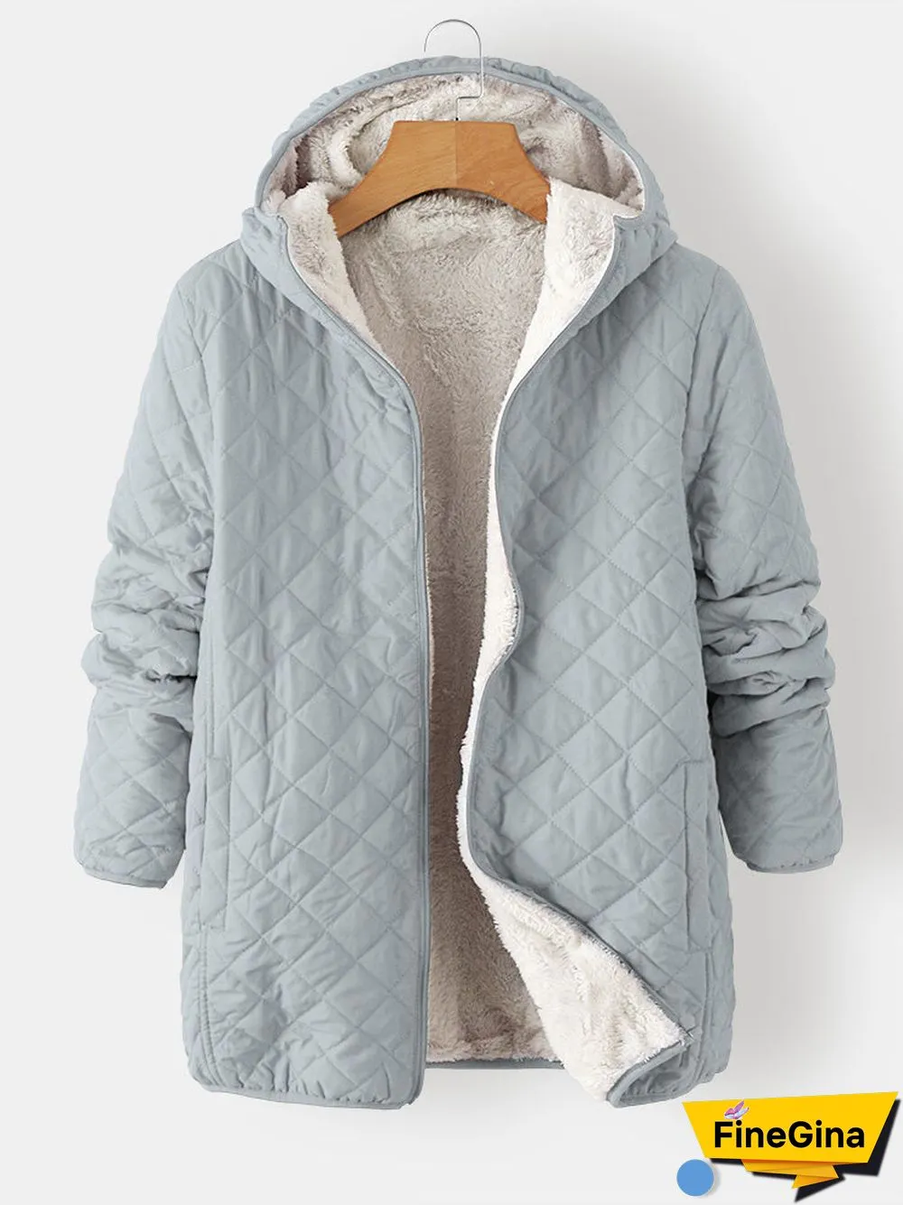 Solid Plush Zip Front Pocket Hooded Long Sleeve Coat
