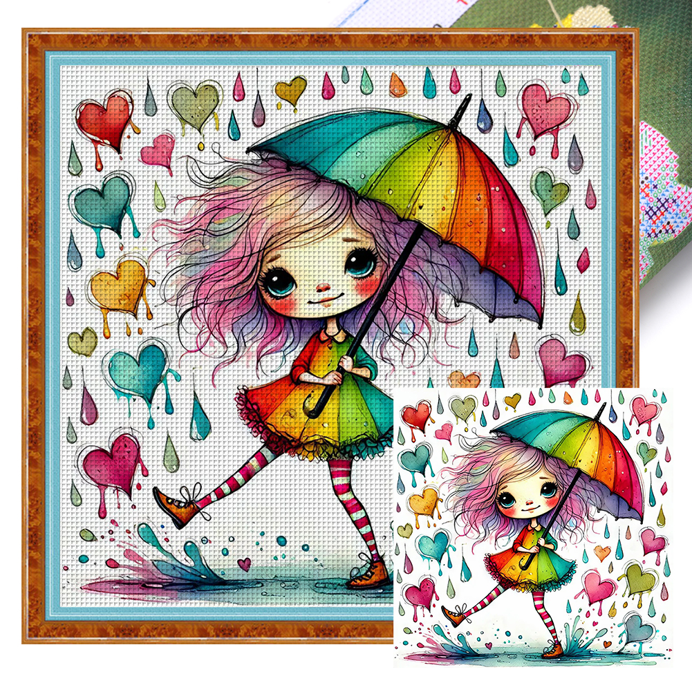 Girl Playing In The Rain Full 11CT Pre-stamped Canvas(45*45cm) Cross Stitch