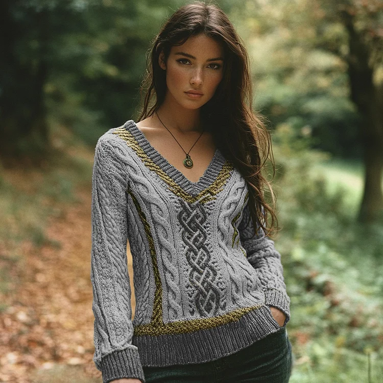 Vintage V-neck Knitted Two-tone Jacquard Irish Aran Sweater
