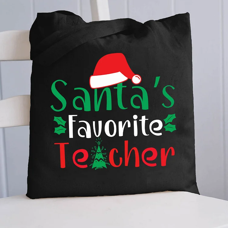 Pupiloves  Santa's Favorite Teacher Christmas Tree Tote Bag