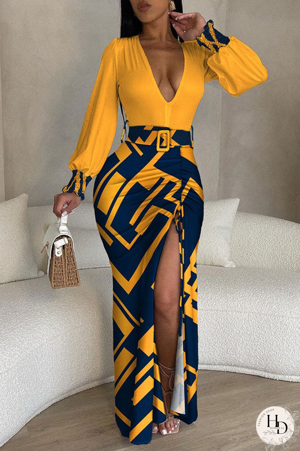 Yellow Sexy Street Print Draw String Slit V Neck Irregular Dress Dresses(With Belt)