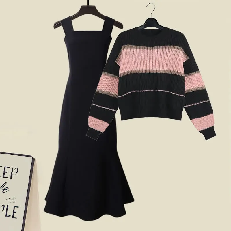 Colorblock Stripe Lace Up Sweater Fishtail A-line Slip Dress